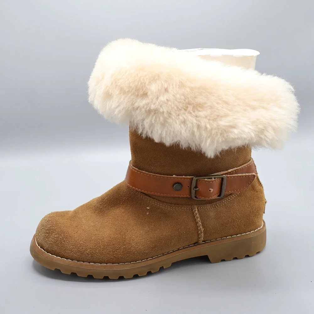 UGG Nessa Shearling Chestnut Suede Boots‎ Kids Size 1 Buckle Zip Warm Boho